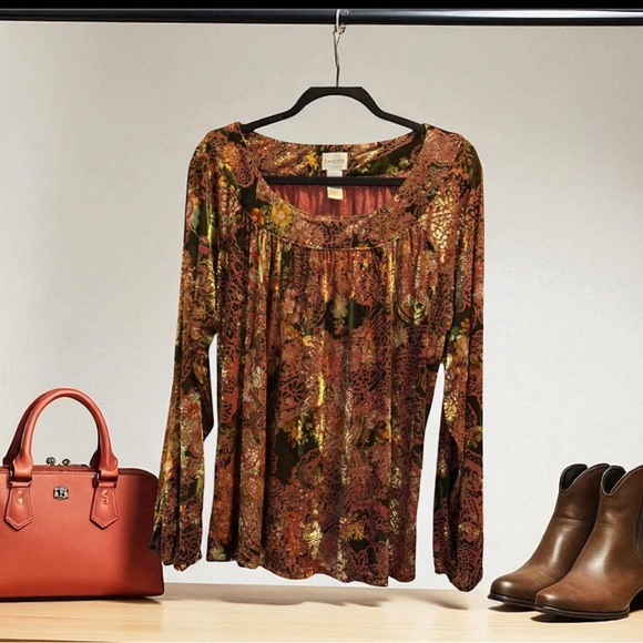 Chico’s-Fall Colors/Velvet Floral Long Sleeve Top. 🎃 🍂🍁 - Picture 6 of 7